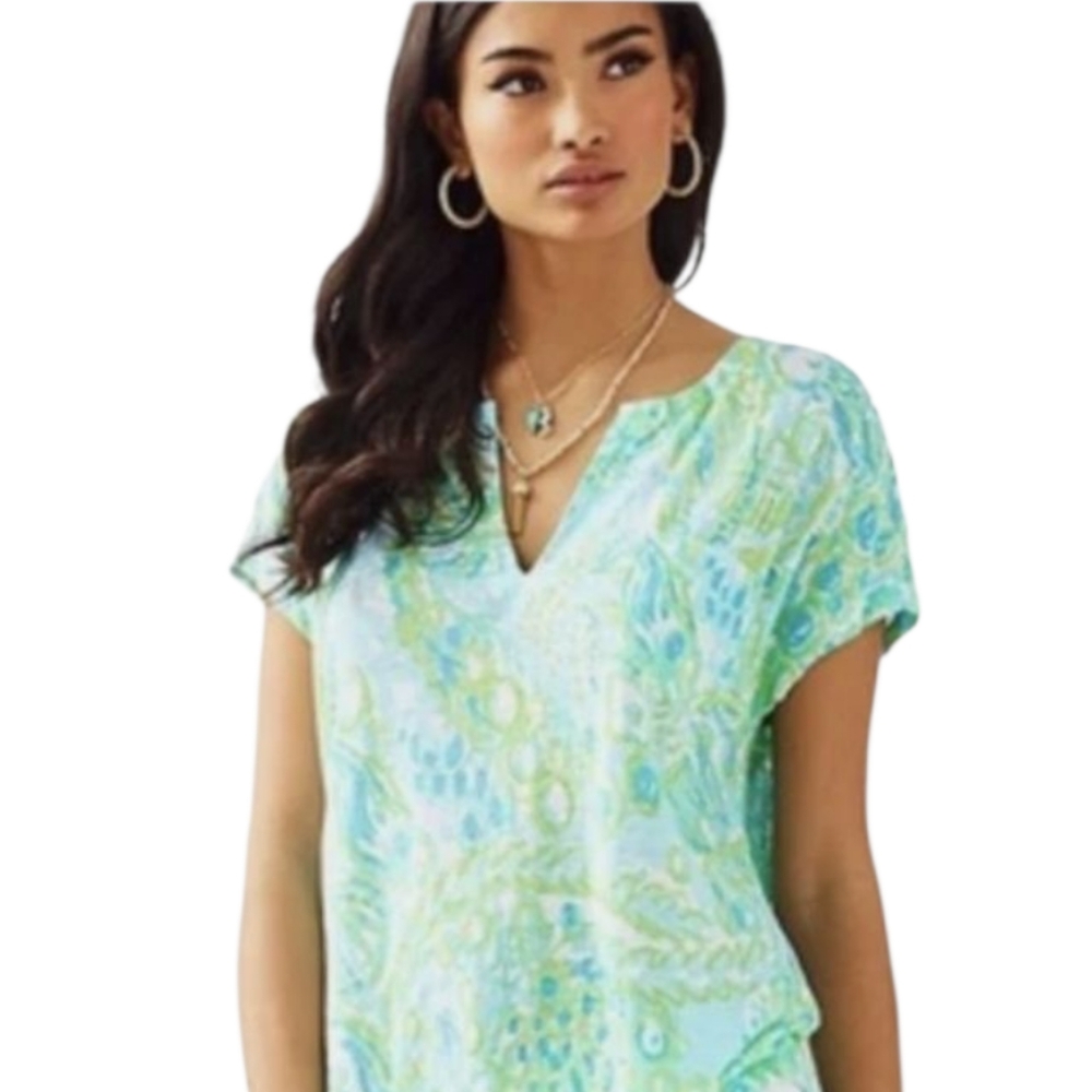 Lilly Pulitzer Linen Duval Notch Top Green Blue Cap Sleeve T-Shirt Women’s Small - Picture 15 of 15